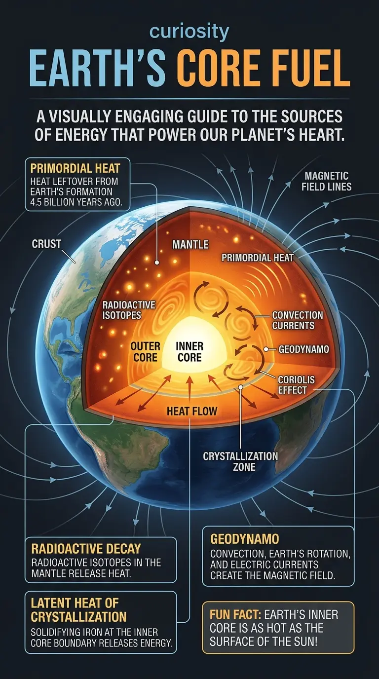 Infographic explaining the sources of energy that fuel Earth's core, including primordial heat, radioactive decay, and latent heat of crystallization, and how they contribute to the geodynamo and Earth's magnetic field.
