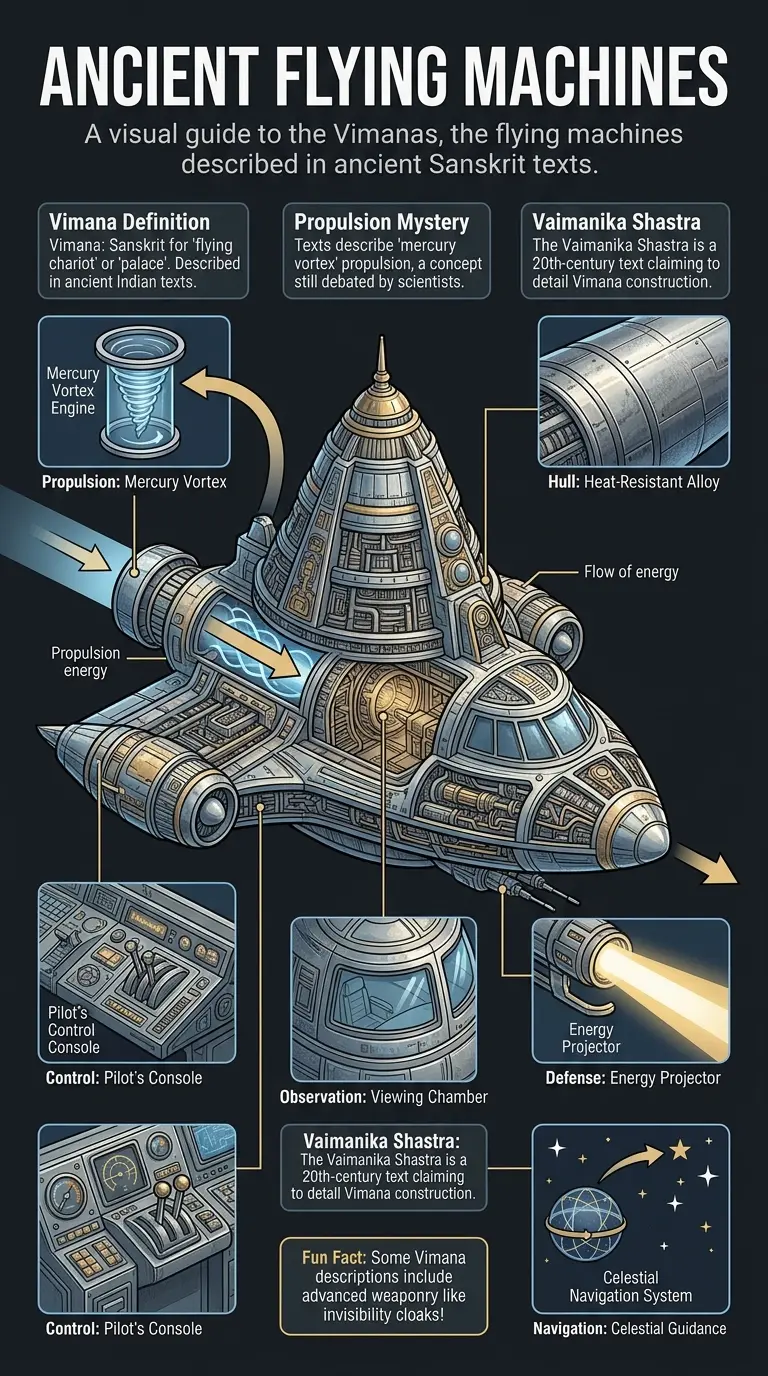 Infographic explaining the Vimanas, ancient flying machines described in Sanskrit texts, detailing their components, propulsion, and historical context.