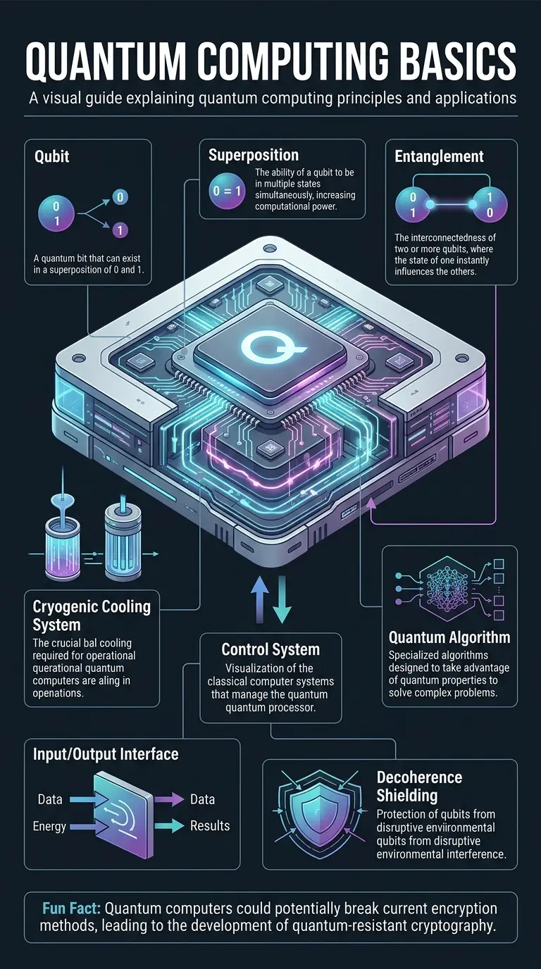 Detailed infographic explaining the principles, applications, and future of quantum computing, including superposition, entanglement, and potential impacts on healthcare, AI, cybersecurity, and materials science. #quantumcomputing #futuretech #innovation