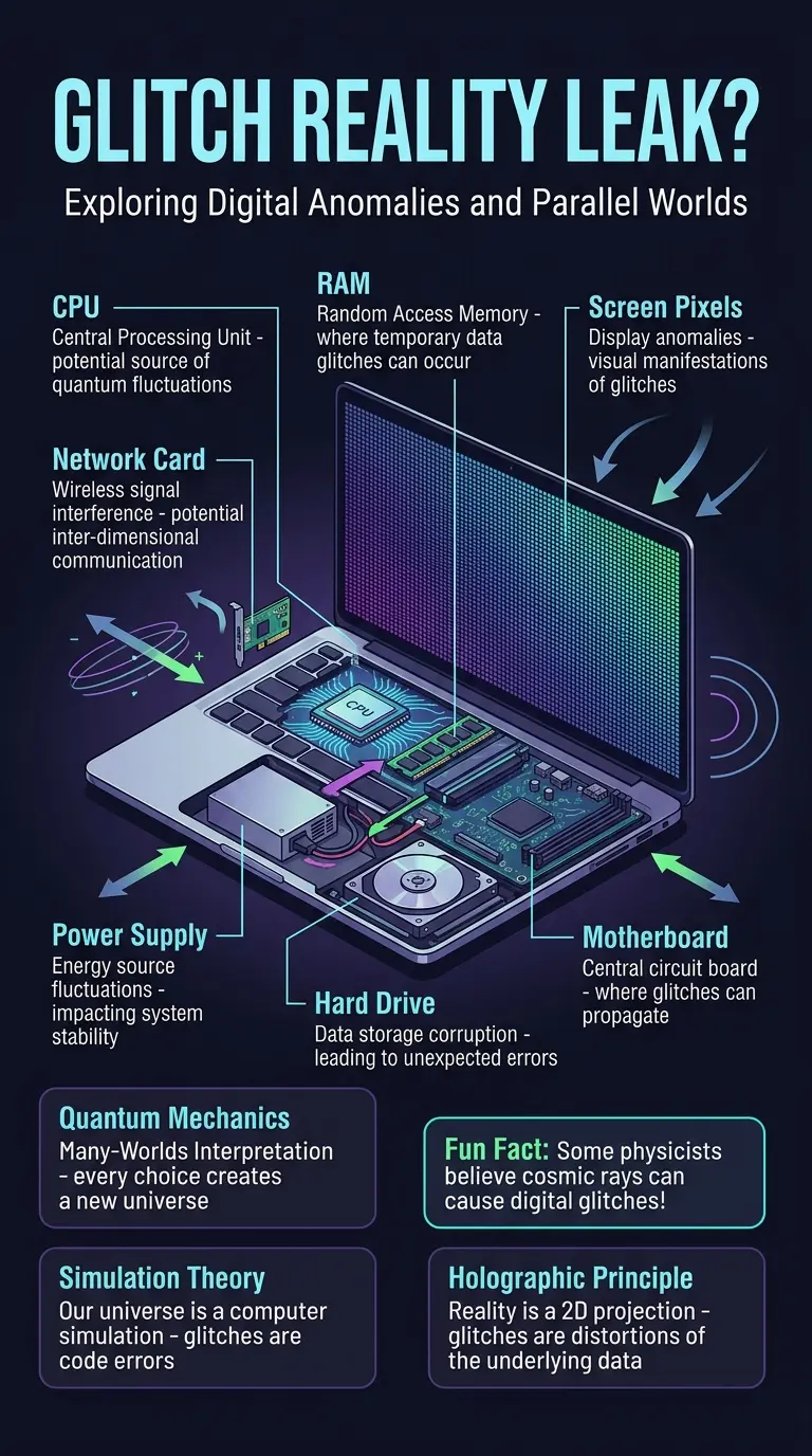 Infographic explaining the theory that digital glitches could be hints of parallel universes, exploring quantum mechanics, simulation theory, and holographic principles.