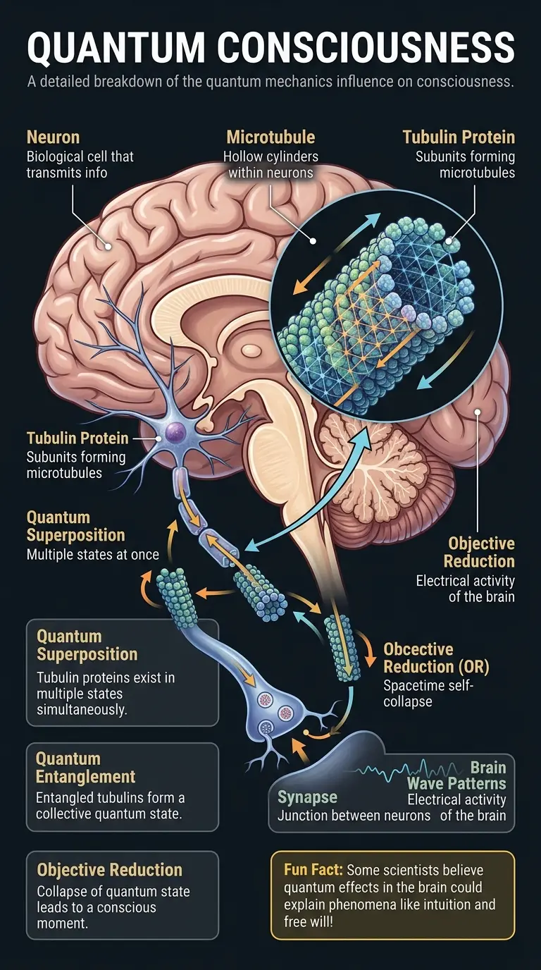 Infographic explaining the Orch-OR theory and the potential influence of quantum mechanics on consciousness.