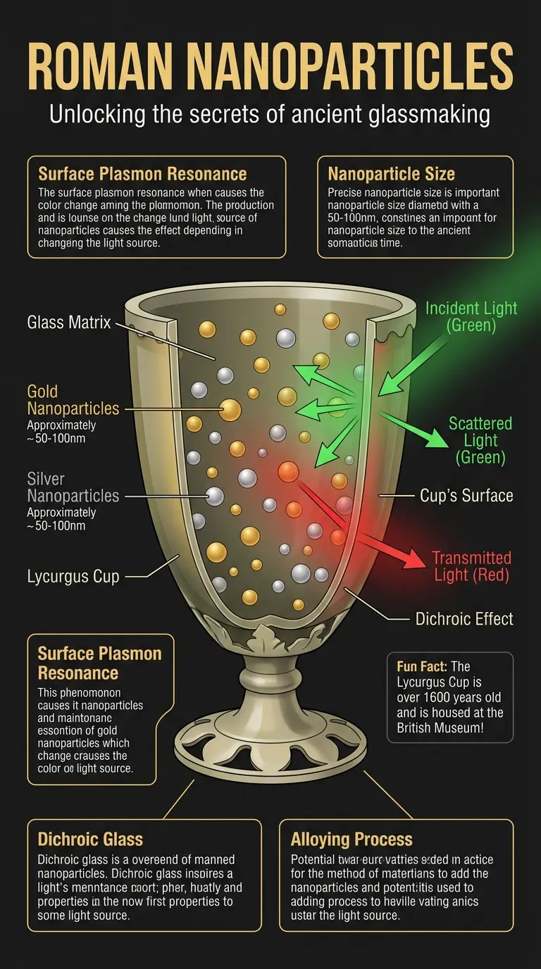 Infographic explaining how Roman glassmakers may have used nanoparticles to create dichroic glass like the Lycurgus Cup.