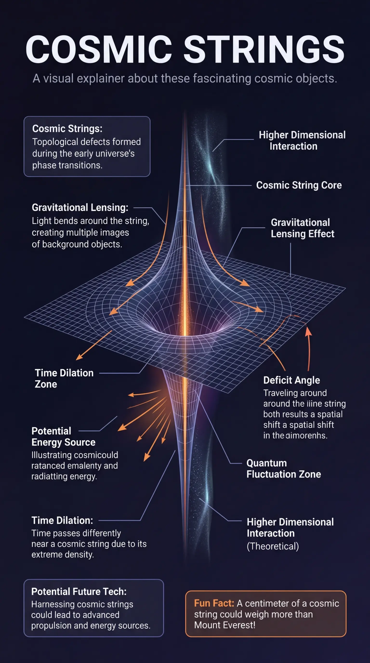 Infographic explaining cosmic strings, their properties, and potential future technologies. #cosmicstrings #astrophysics #futuretech