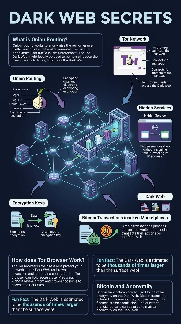 Infographic explaining the architecture and function of the Dark Web, including onion routing, hidden services, and security measures.
