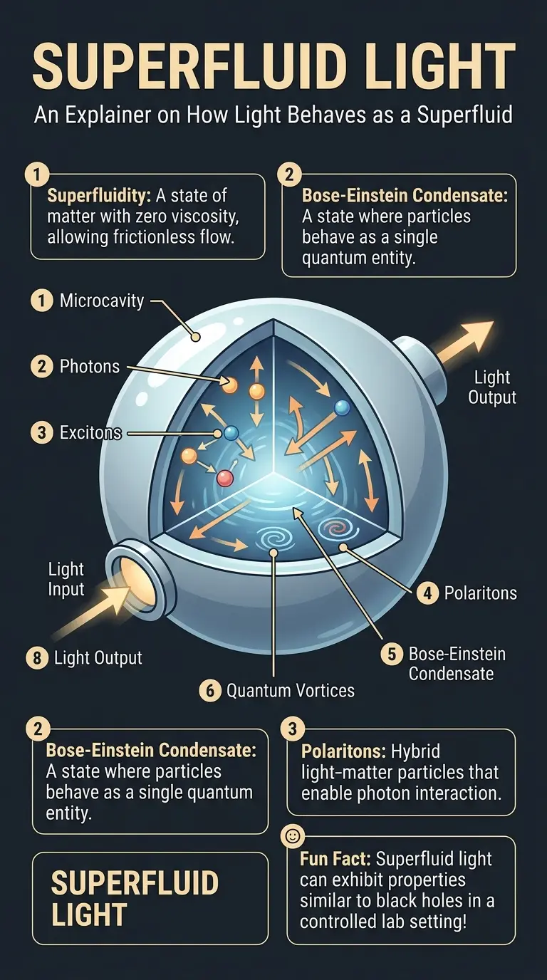 Infographic explaining superfluid light, its properties, and potential applications in computing, material science, and fundamental physics research. #superfluidlight #physics #science #innovation