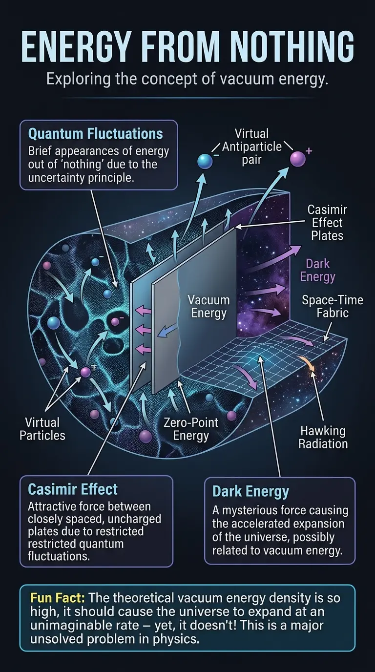 Infographic explaining vacuum energy, quantum fluctuations, and the potential for tapping into infinite energy.