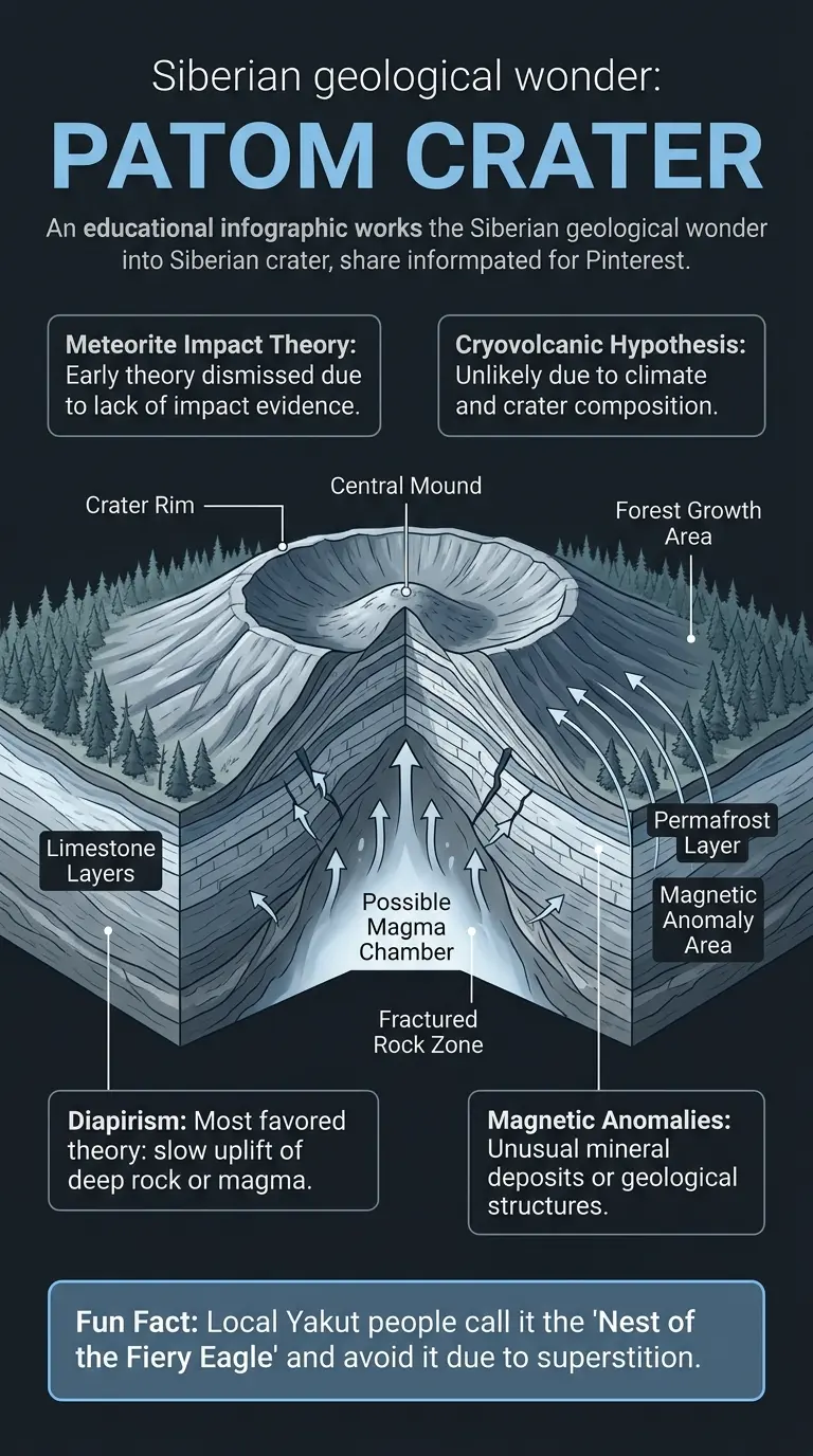 Infographic explaining the geological theories and mysteries surrounding the Patom Crater in Siberia, also known as the "Nest of the Fiery Eagle."