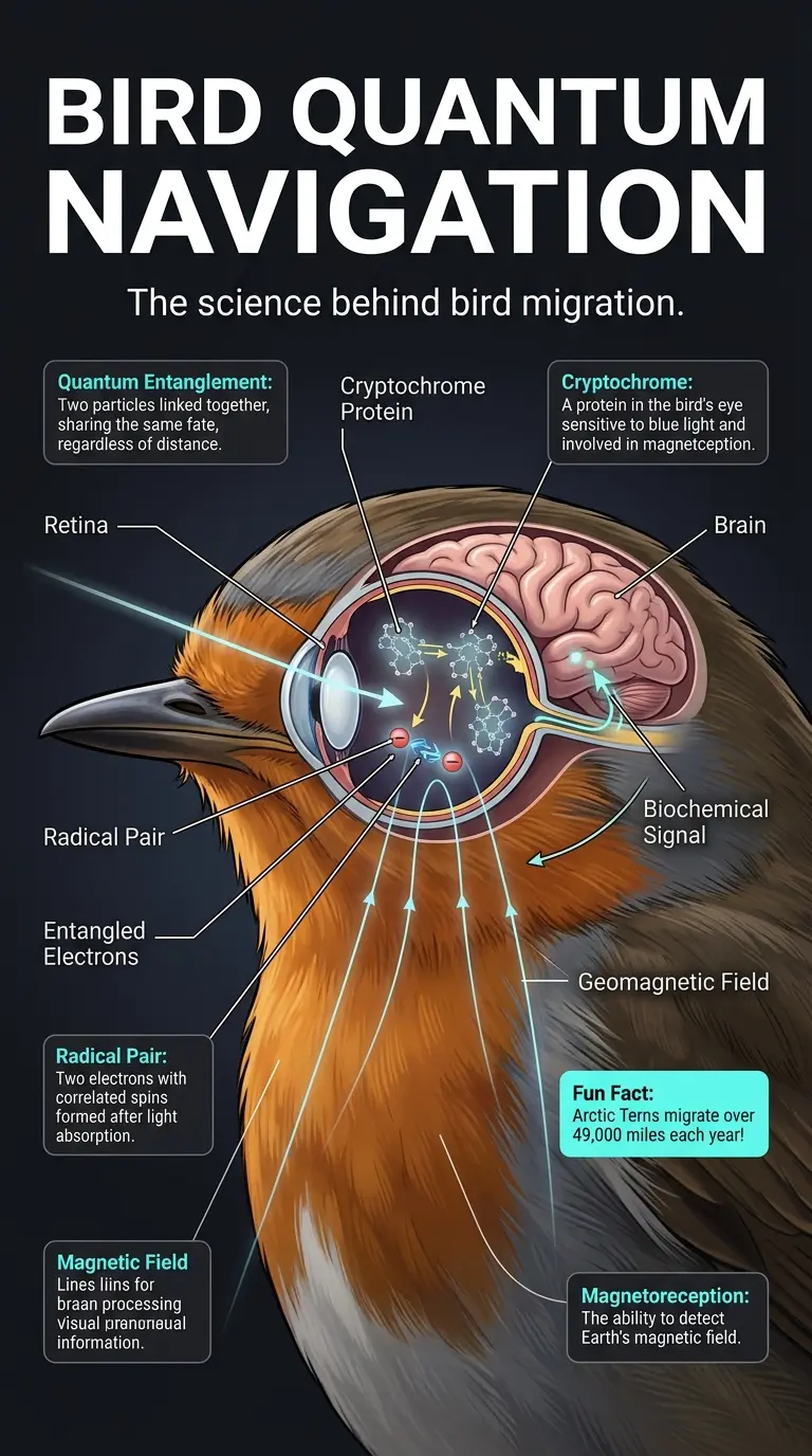 Infographic explaining how birds use quantum physics for navigation, highlighting cryptochrome protein and quantum entanglement.