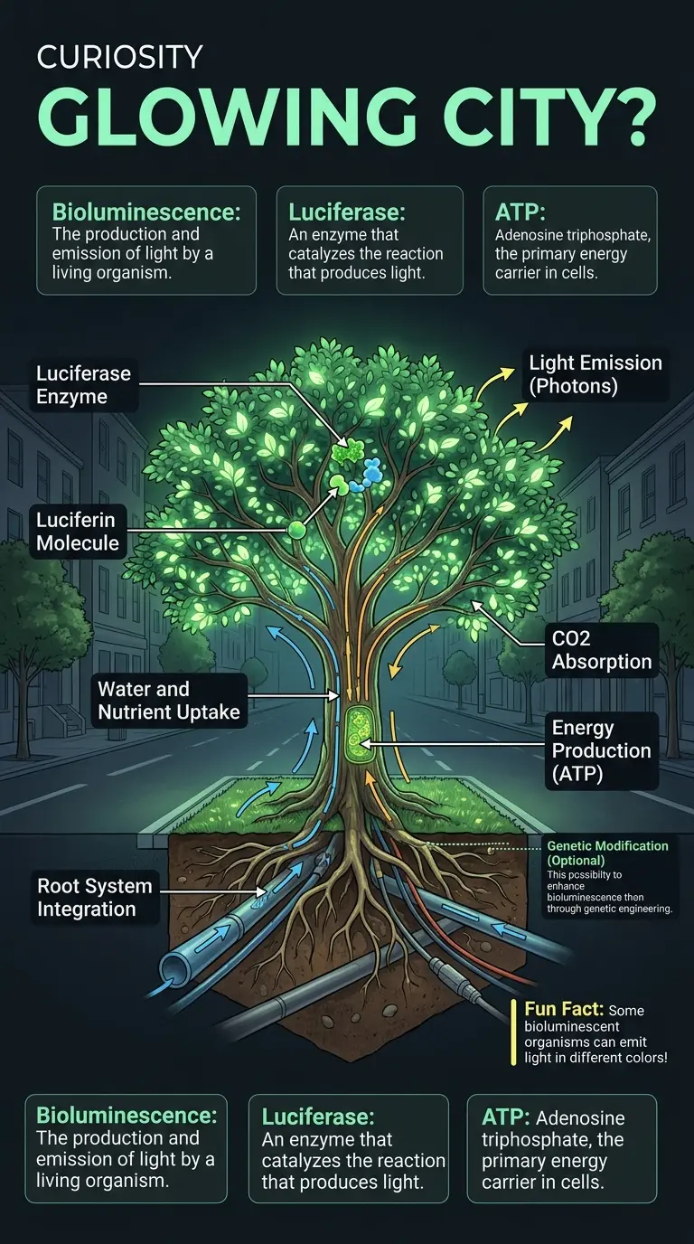 Infographic showing the internal structure of bioluminescent trees and plants used for urban lighting, highlighting their energy source, light emission process, and integration into city infrastructure.