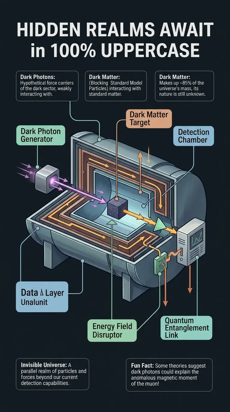 Infographic explaining the hypothetical existence and properties of dark photons and their role in a potential invisible universe.