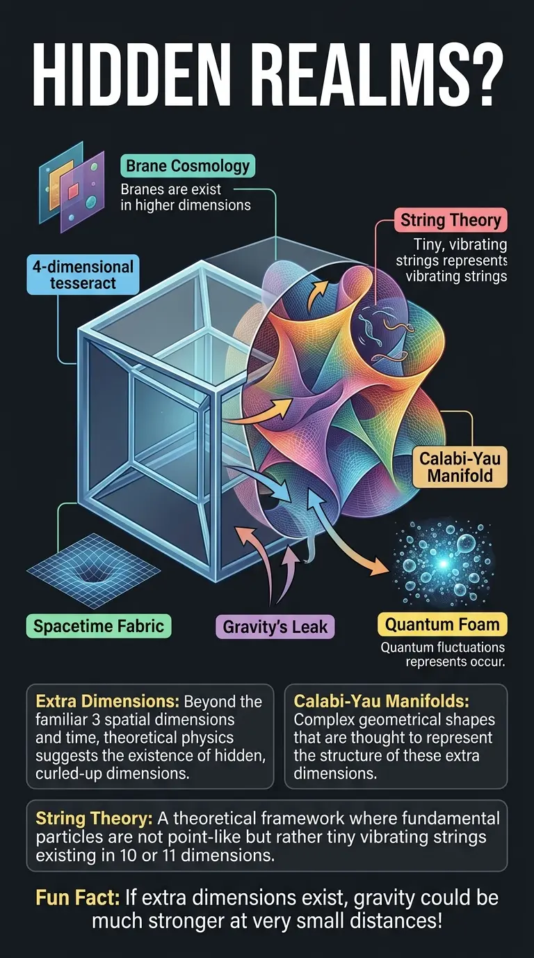 Infographic explaining the concept of extra dimensions in the universe, including Calabi-Yau manifolds, string theory, and their potential impact on our understanding of reality.