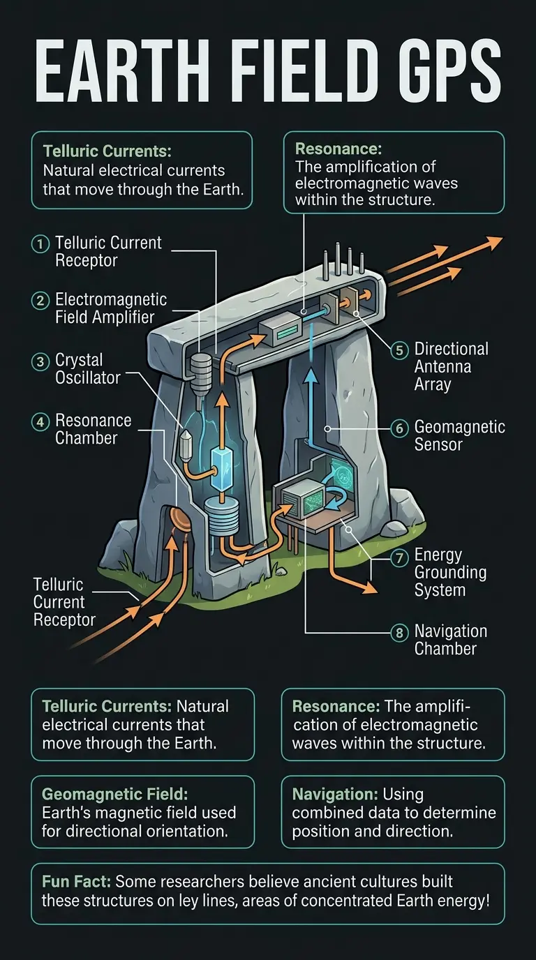 Infographic explaining theories of ancient navigation using Earth's electromagnetic fields, featuring a cutaway view of a megalithic structure and labeled components.