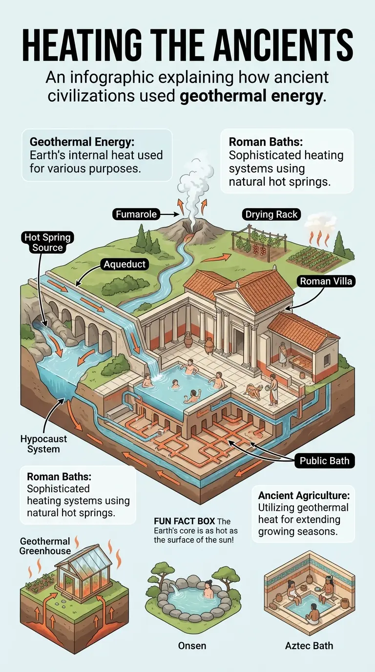Infographic detailing how ancient civilizations utilized geothermal energy for heating, agriculture, and other purposes.