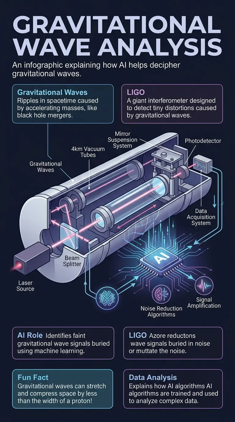 Infographic explaining how AI is used to decipher gravitational waves, revealing insights into black holes, neutron stars, and the early universe. #AI #GravitationalWaves #Astrophysics
