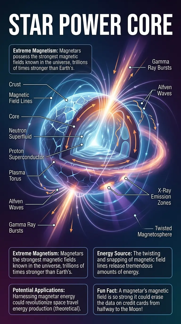 Infographic explaining the internal structure and potential energy harnessing methods of a magnetar, a highly magnetized neutron star.