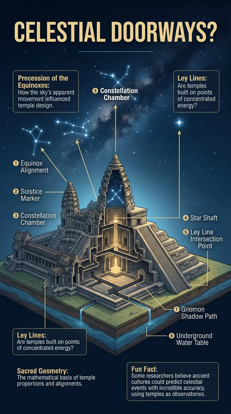 Infographic showing how ancient temples may have been designed as maps of stargates, connecting earthly locations to celestial points.
