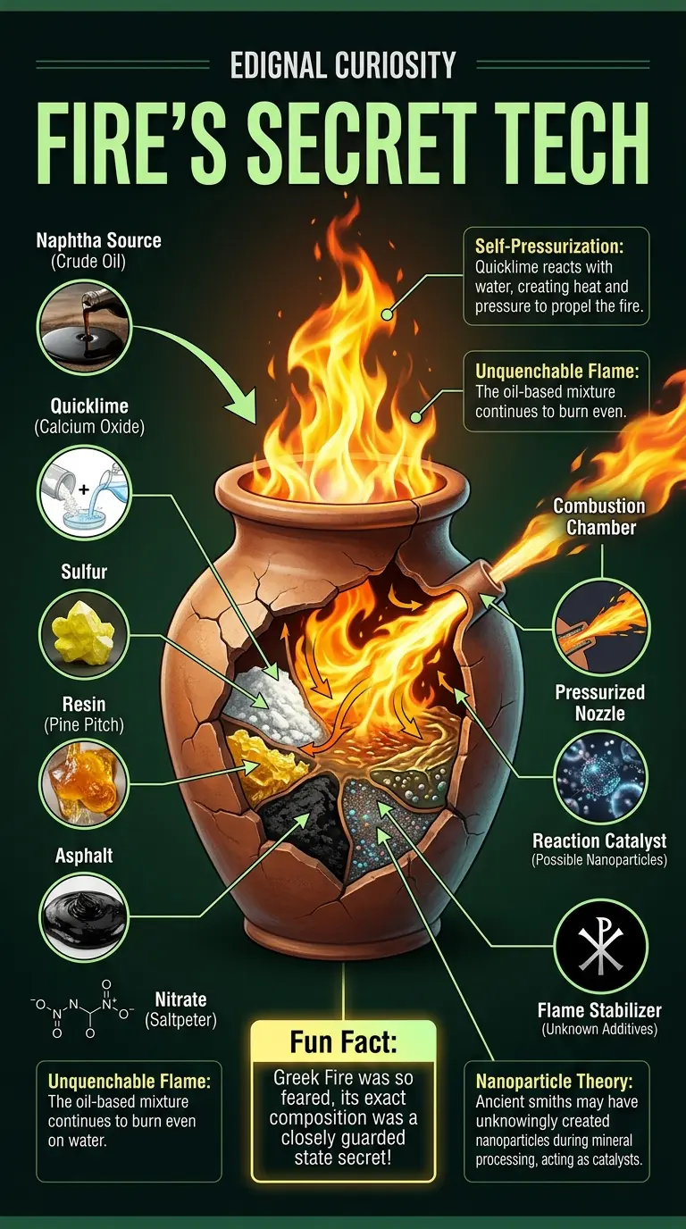 Infographic explaining the possible nanotechnology behind ancient Greek Fire, a legendary incendiary weapon.