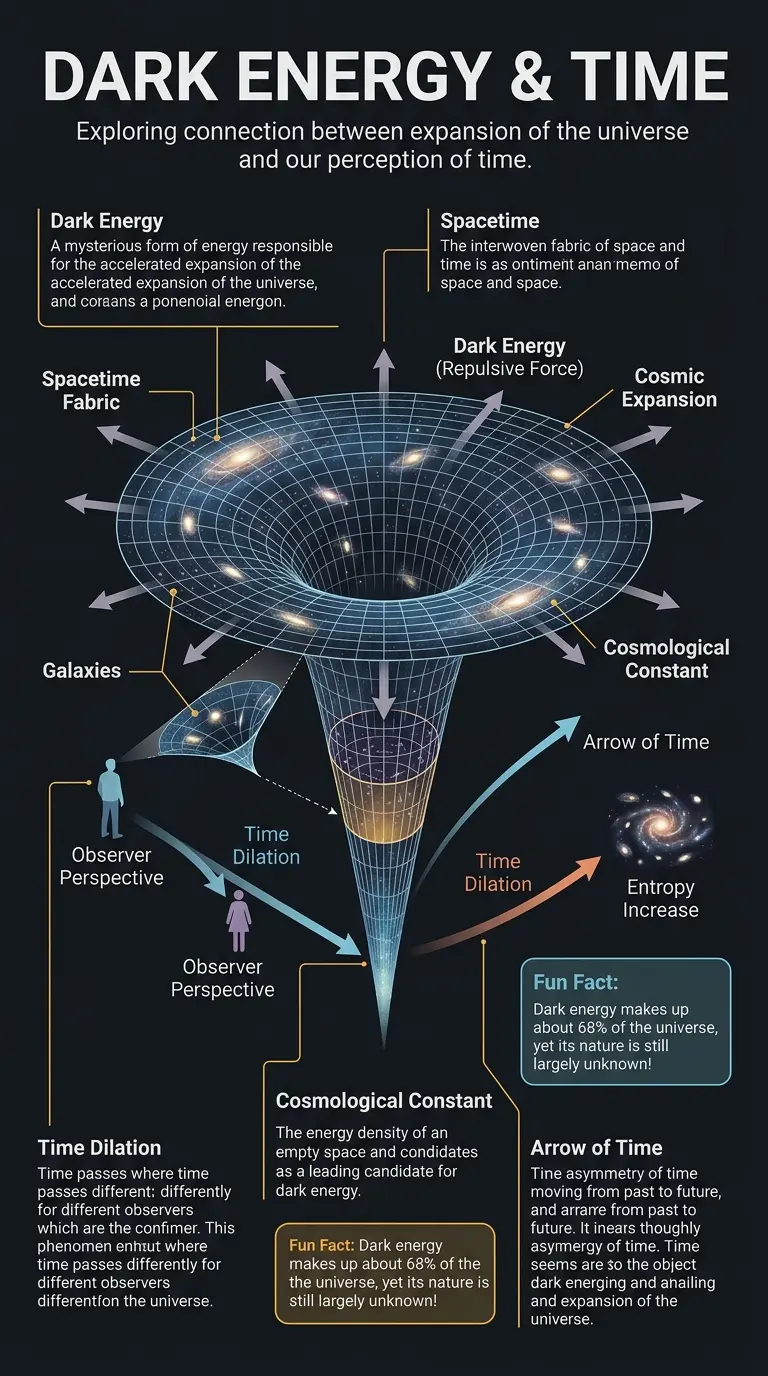 Infographic explaining the potential effects of dark energy on our perception of time and the expansion of the universe.