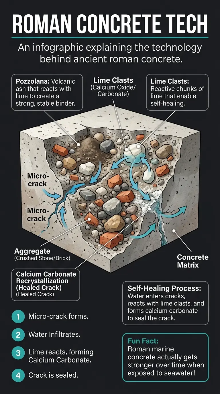 Infographic explaining the self-healing properties of Roman concrete and its composition.