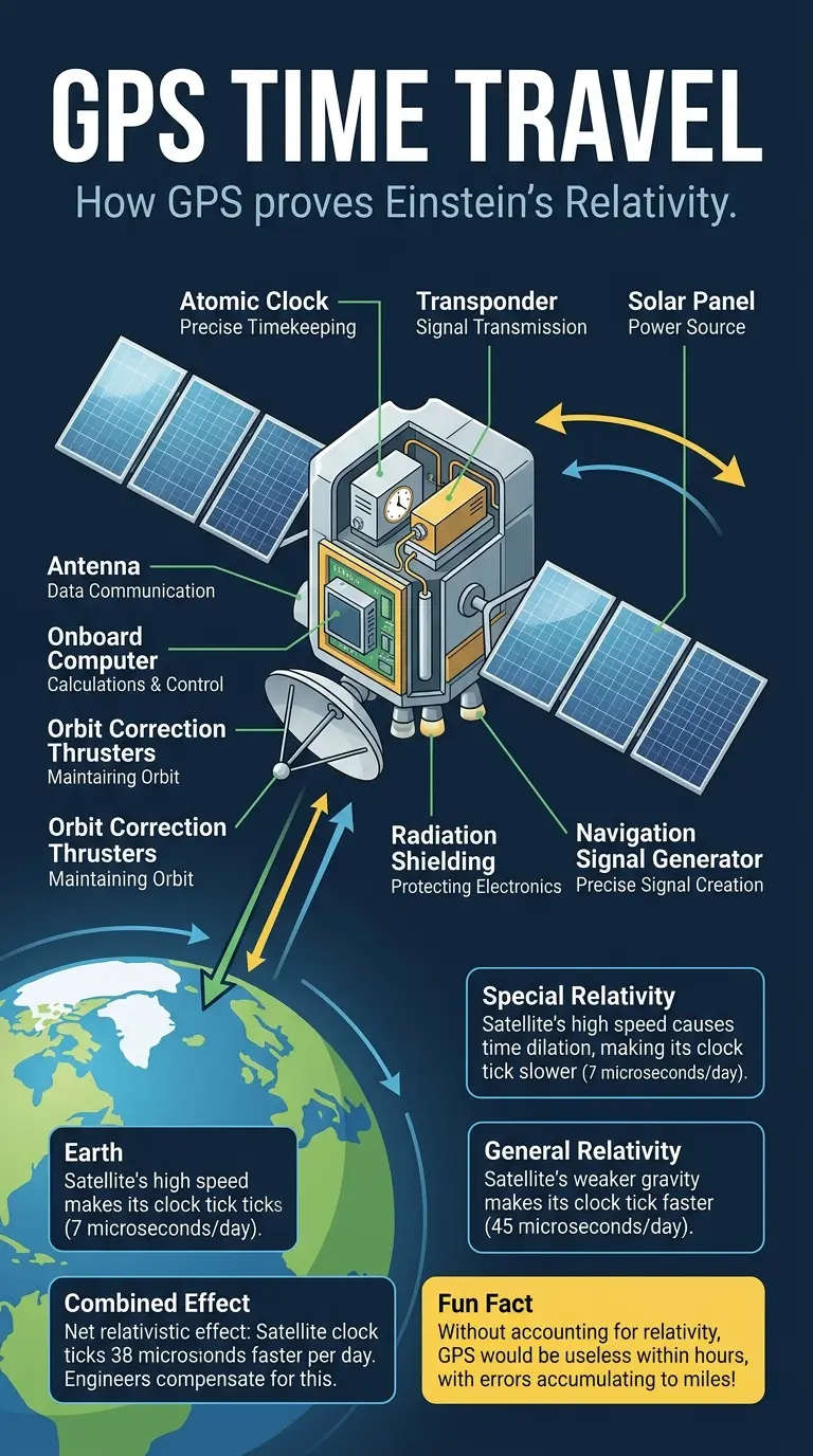 Infographic explaining how GPS satellites prove Einstein's theory of relativity and make us daily time travelers. #GPS #Relativity #TimeTravel #Science #Infographic
