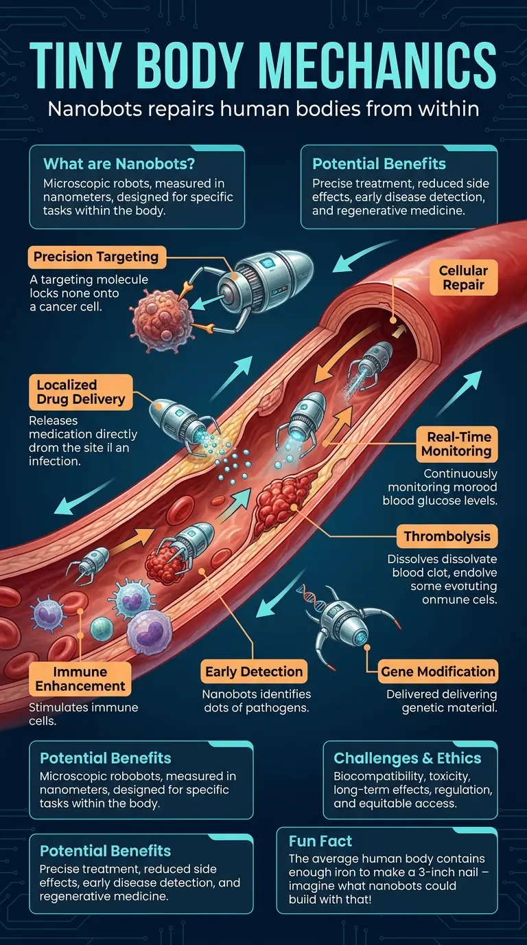 Infographic explaining how nanobots could repair human bodies from within, showing internal nanobot mechanics and applications.