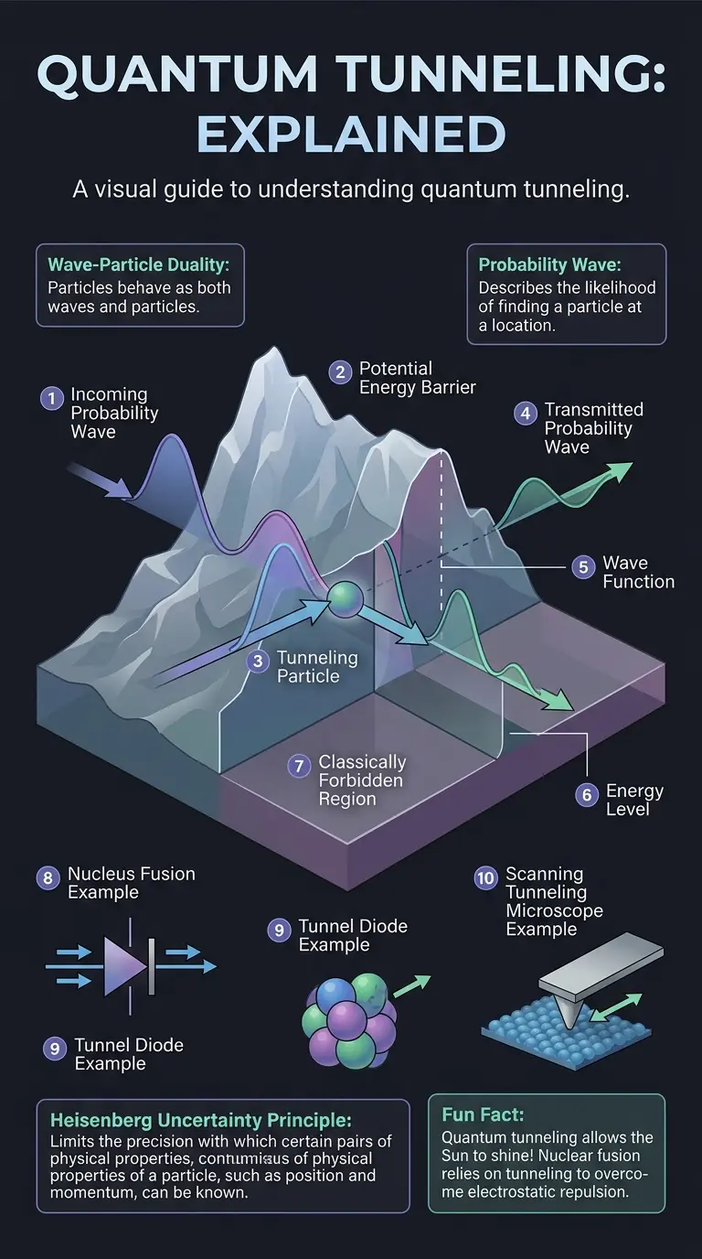 Detailed infographic explaining quantum tunneling, its applications in technology and nature, and its implications for our understanding of reality. #quantumphysics #science #infographic