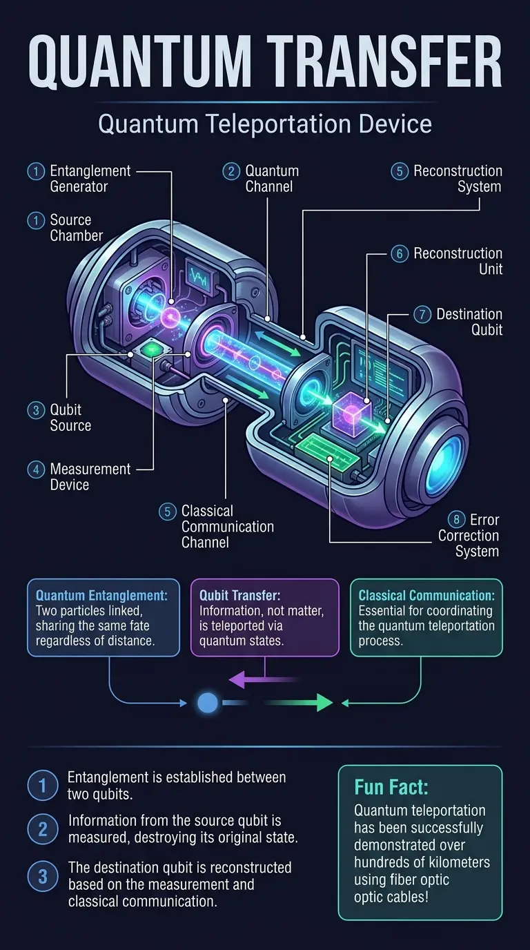 Detailed infographic explaining quantum teleportation, its components, and potential applications in space travel and communication.