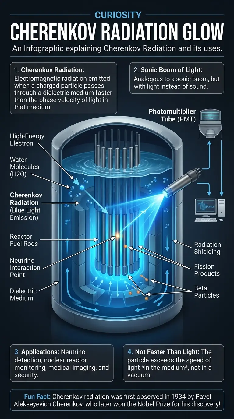 Infographic explaining Cherenkov radiation, its applications in neutrino detection, nuclear reactor monitoring, and potential future technologies. #CherenkovRadiation #Physics #Science #Infographic