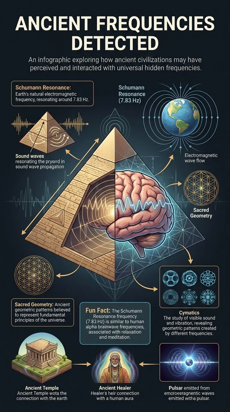 Infographic explaining how ancient civilizations may have detected universal hidden frequencies through architecture, sacred sites, and geometry. #ancientwisdom #vibrationalfrequency #sacredgeometry