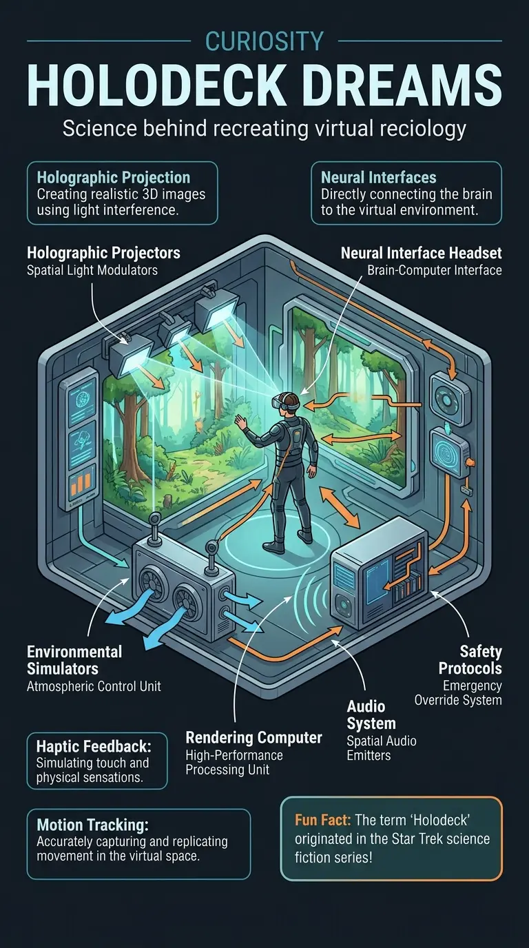 Detailed infographic explaining the science behind recreating virtual reality technology, focusing on holographic projection, neural interfaces, and sensory simulation.