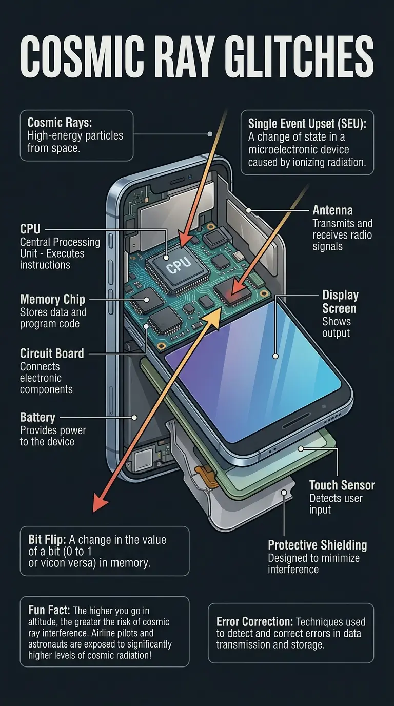 Infographic explaining how cosmic rays can potentially cause glitches in our technology.