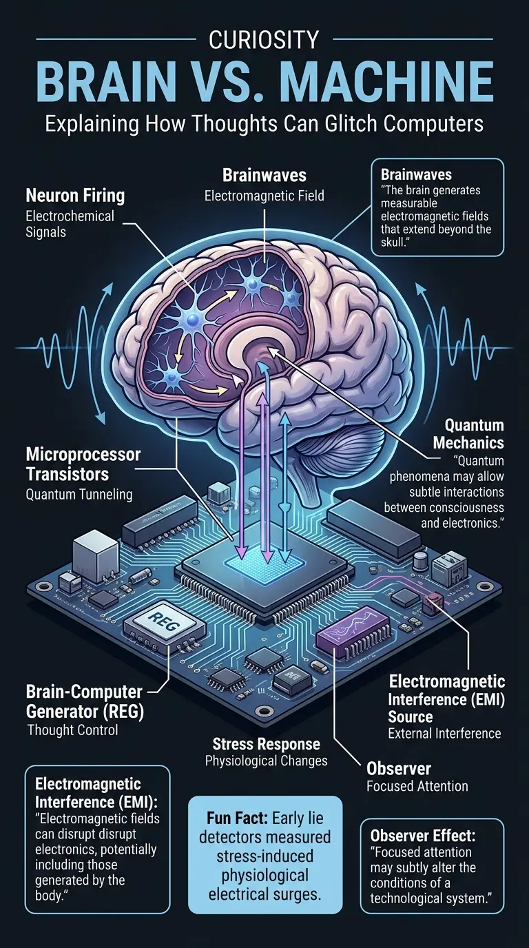 Infographic explaining the potential for human thoughts to interfere with computers, covering topics like brainwaves, quantum mechanics, and electromagnetic interference.