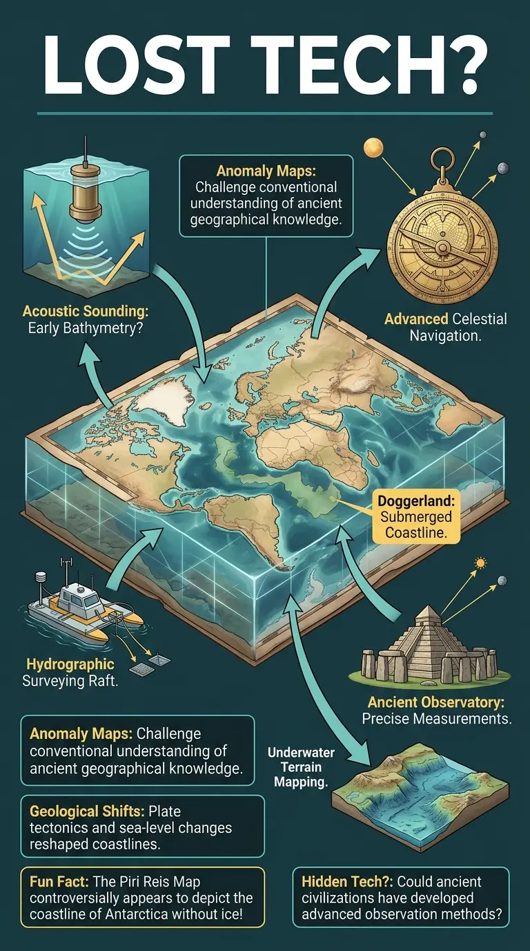 Infographic explaining theories about how ancient maps depicted sunken lands and coastlines with surprising accuracy, suggesting lost technologies or advanced knowledge. #ancientmaps #lostcivilizations #hiddenhistory