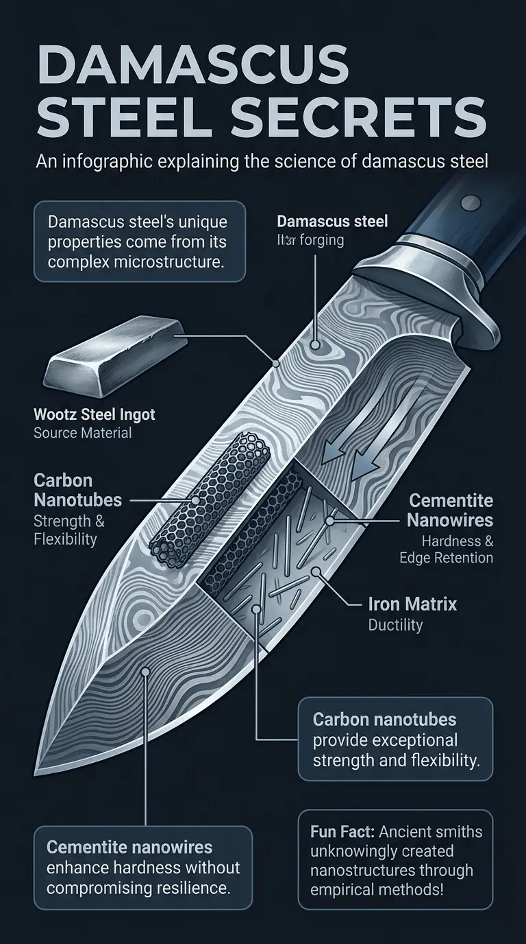 Damascus steel infographic explaining the science behind its legendary properties, including carbon nanotubes and cementite nanowires. #DamascusSteel #Nanotechnology #MaterialsScience