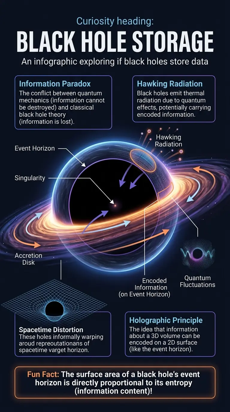 Detailed infographic explaining how black holes may store and encode information, based on the Holographic Principle.