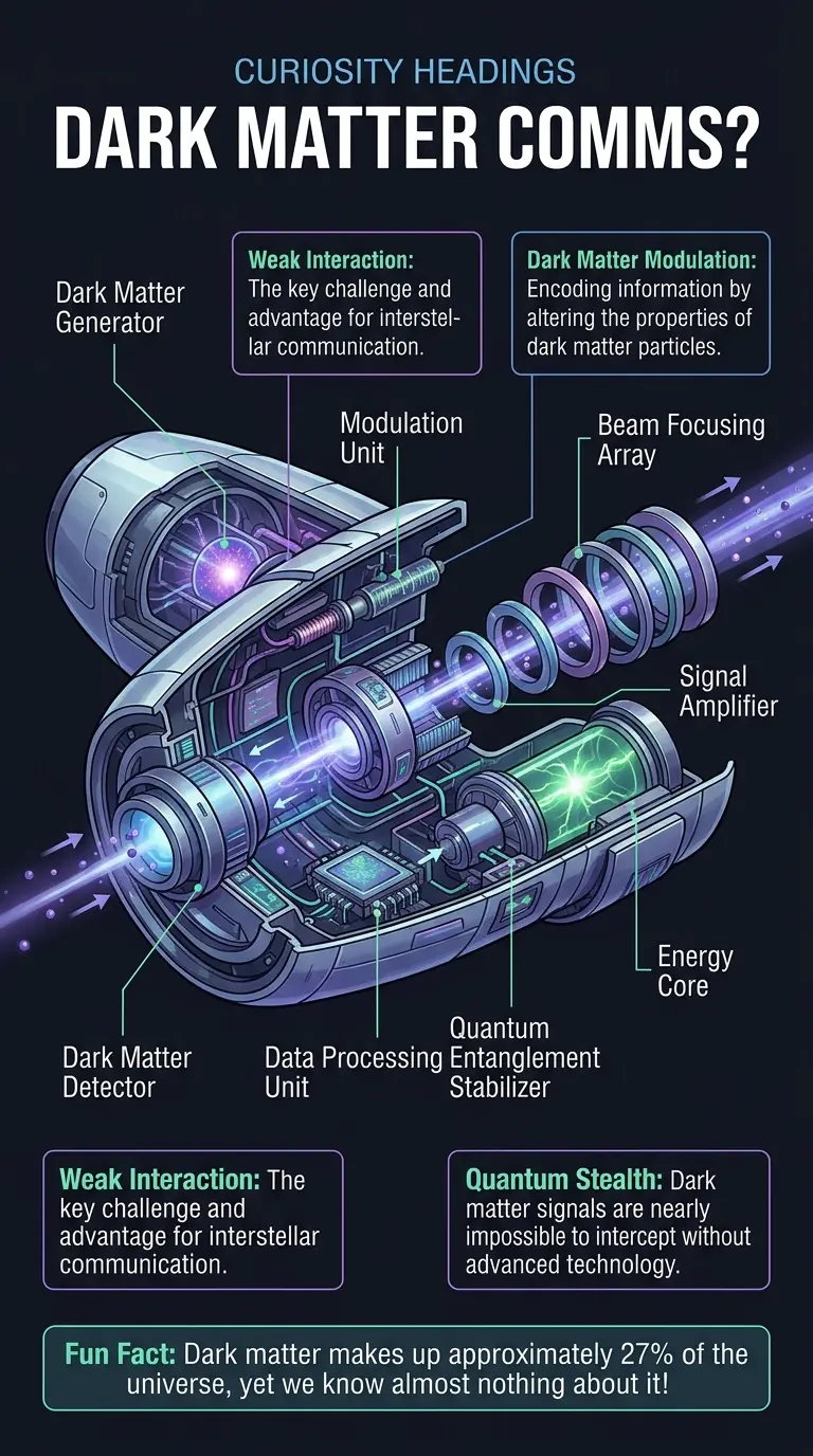 Infographic explaining the theoretical possibility of using dark matter for interstellar communication, highlighting the challenges and potential benefits.