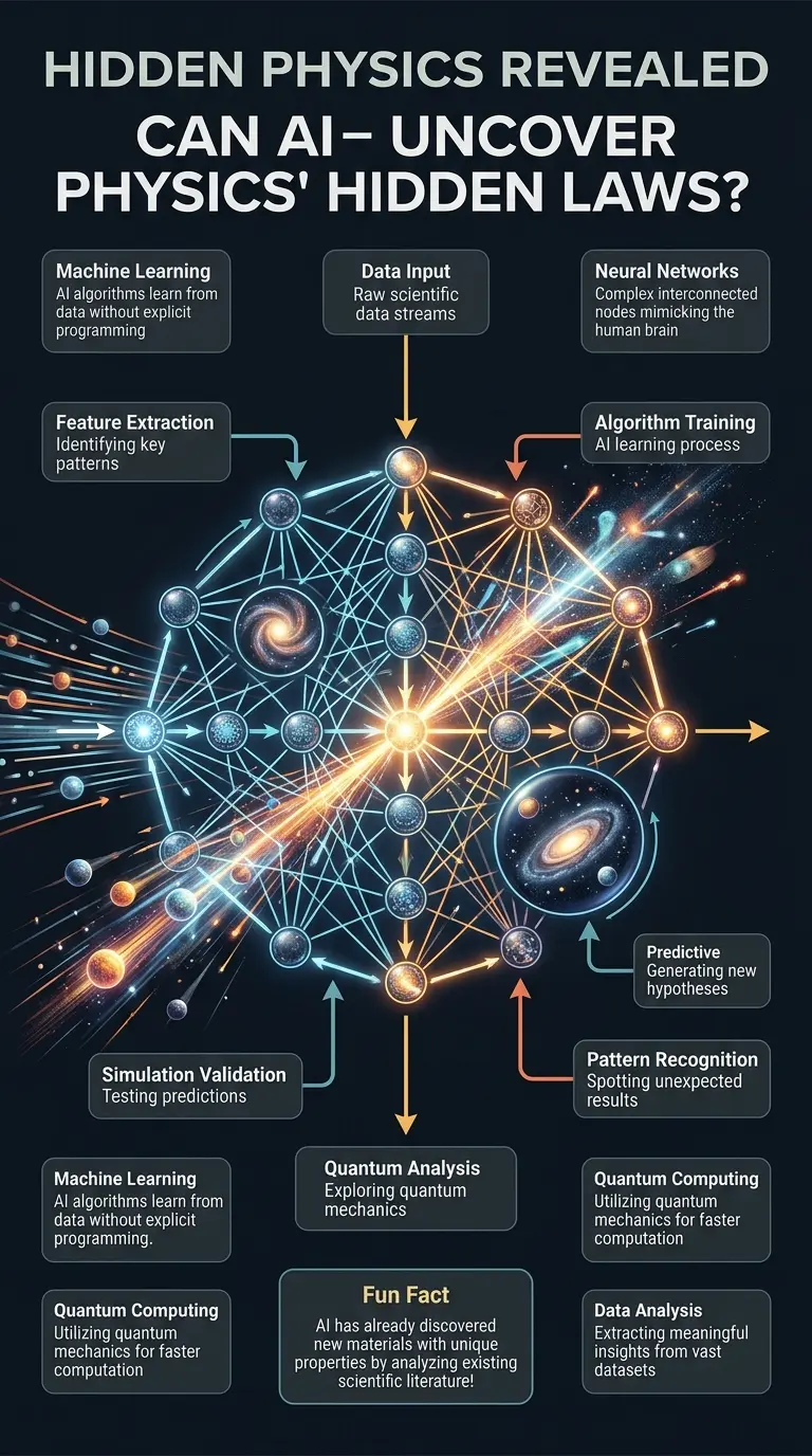 Infographic explaining how AI can uncover hidden laws of physics, showcasing a complex AI neural network analyzing scientific data with labeled components and directional arrows.