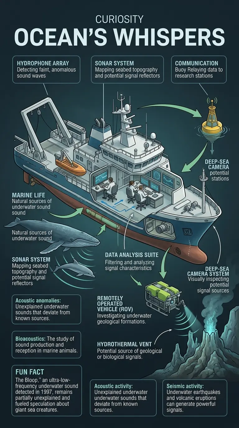 Infographic showing cutaway view of deep-sea research vessel analyzing unusual signals, with labeled components and explanations of potential sources. #oceansignals #deepsea #mystery #science