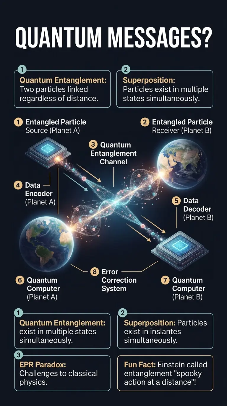 Infographic explaining quantum entanglement and its potential use in interstellar communication.