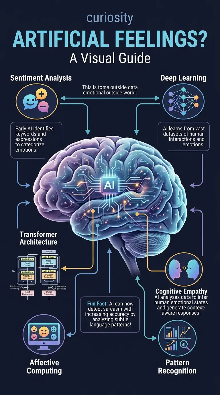 Infographic explaining whether AI can truly feel, decoding digital empathy and exploring the future of AI and human interaction.