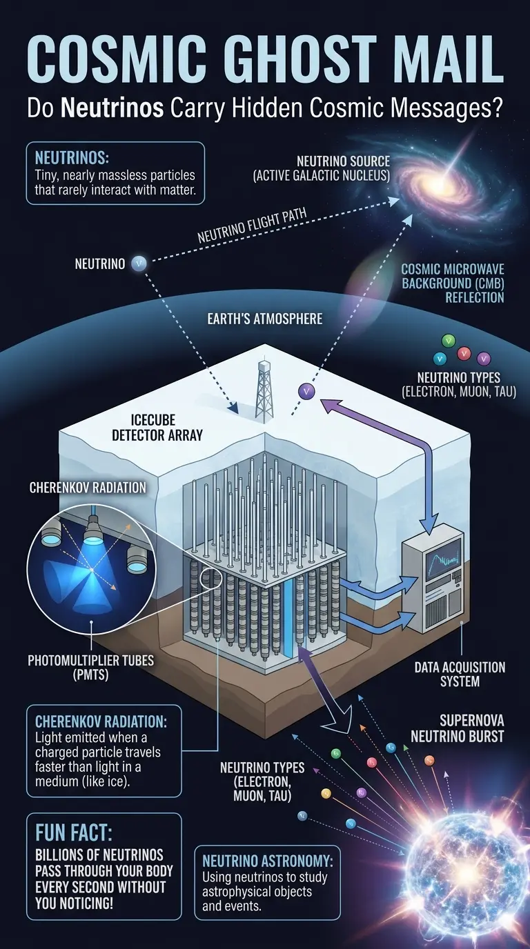 Infographic explaining how neutrinos could carry hidden cosmic messages from distant galaxies and black holes, detailing their properties and potential for future communication technologies.