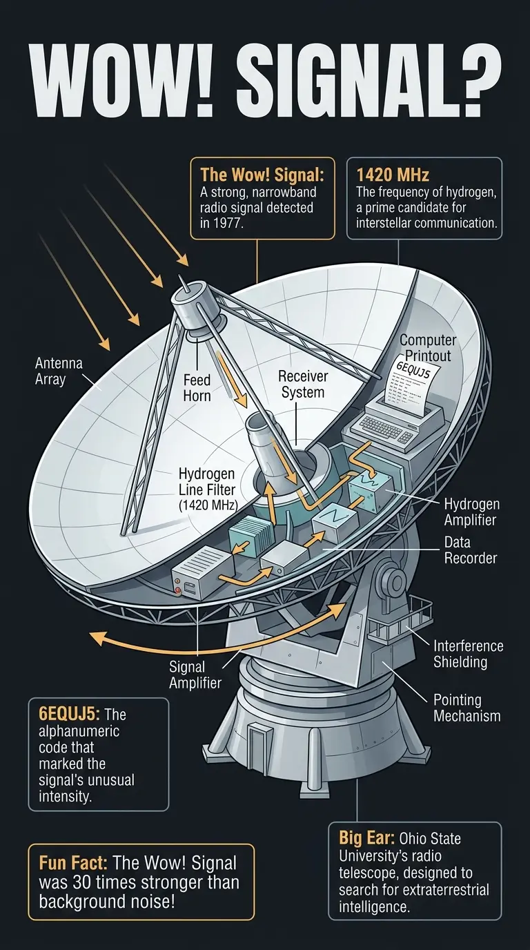 Infographic explaining the Wow! Signal, a mysterious radio signal detected in 1977, its characteristics, and potential explanations.