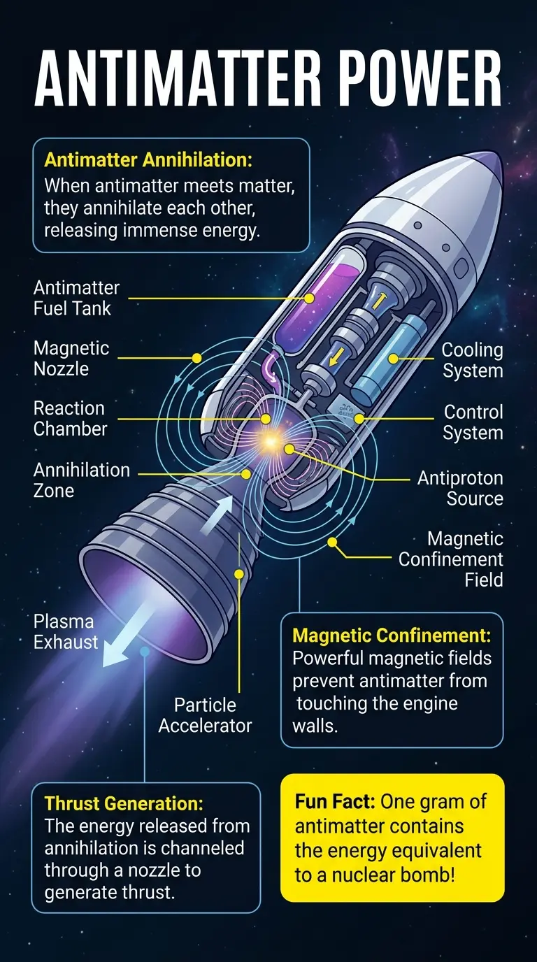 Detailed infographic explaining antimatter propulsion, its components, potential uses, and the science behind harnessing antimatter as a future energy source. #antimatter #futureenergy #science #infographic