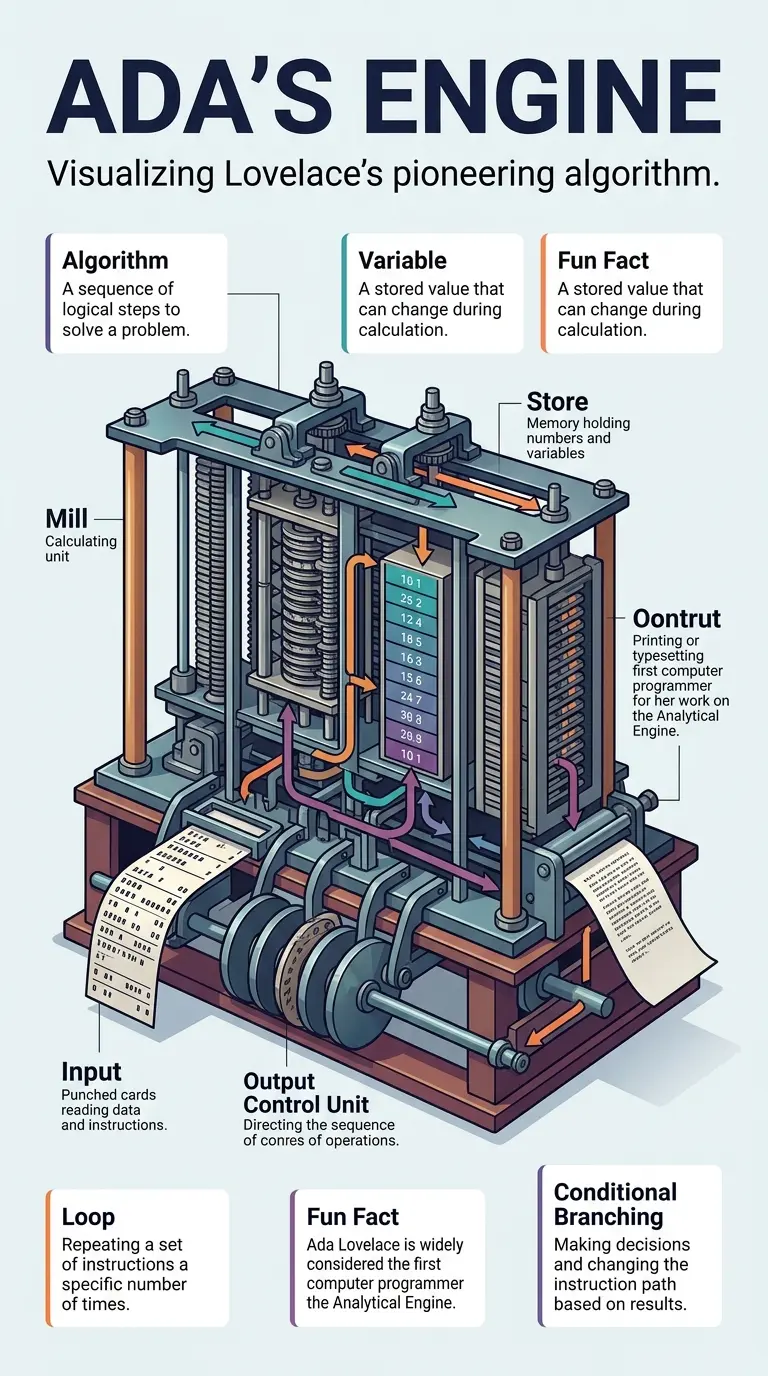 Infographic explaining Ada Lovelace's contributions to computer science and her algorithm for the Analytical Engine.
