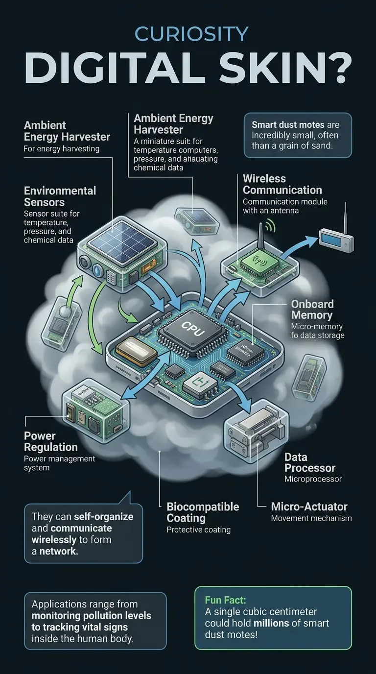 Infographic explaining the components and applications of smart dust technology, showcasing its potential use in environmental monitoring, health tracking, and infrastructure management.