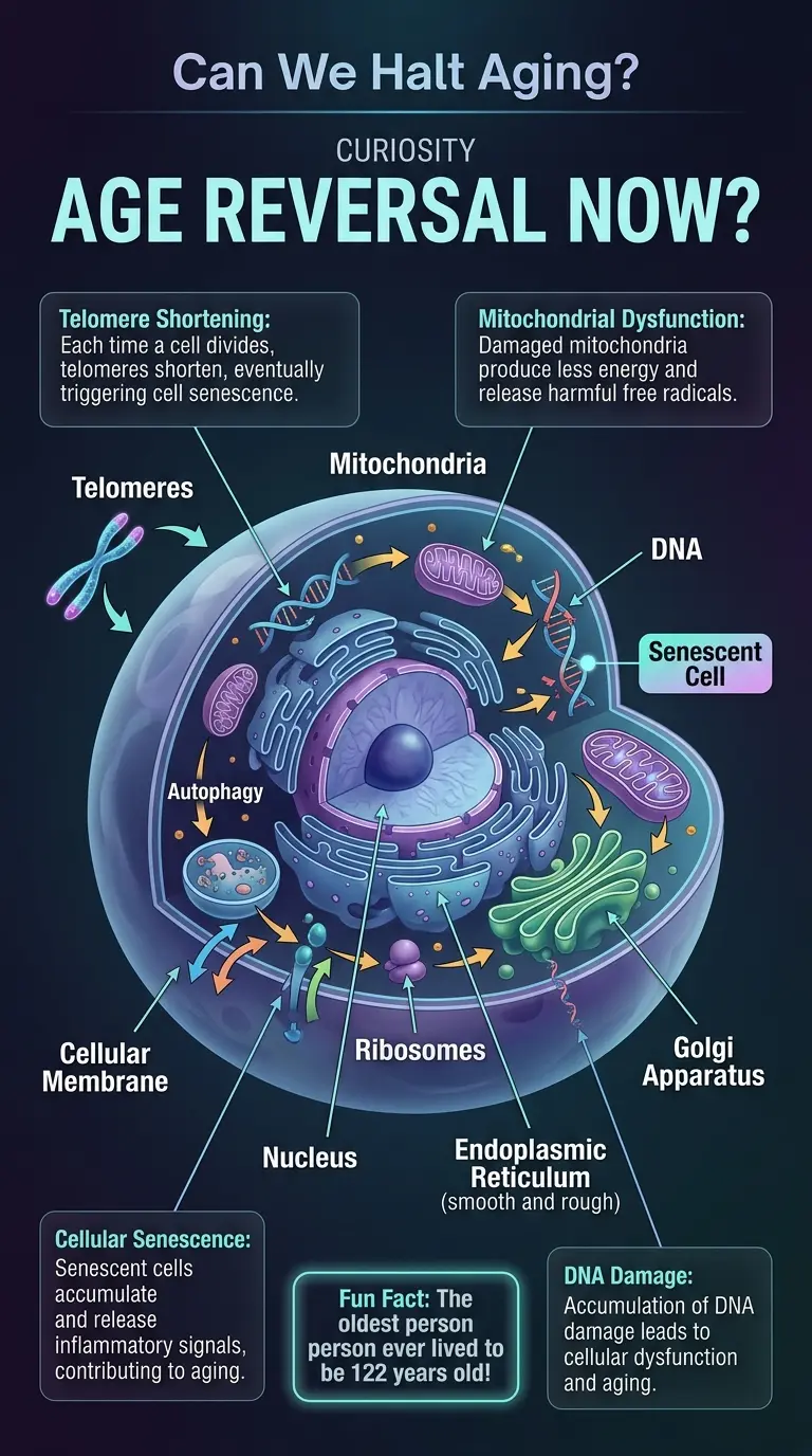 Infographic explaining the science behind aging and potential future technologies to halt or reverse the aging process.