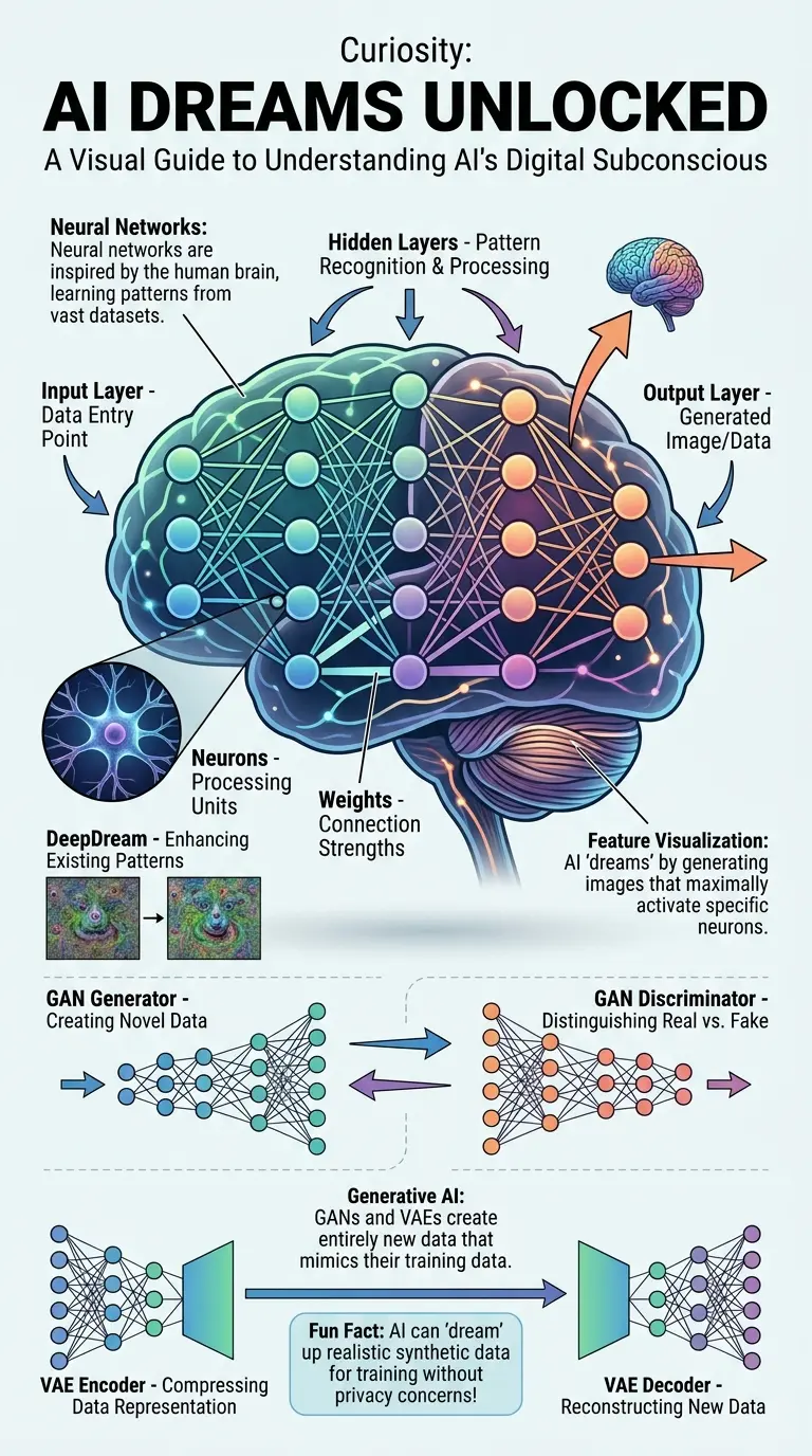 Infographic explaining how AI "dreams" using neural networks, feature visualization, and generative models like GANs and VAEs.