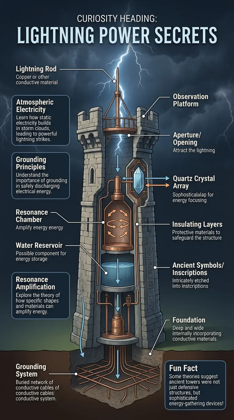 Infographic showing the inner workings of ancient towers and how they may have harnessed lightning energy.