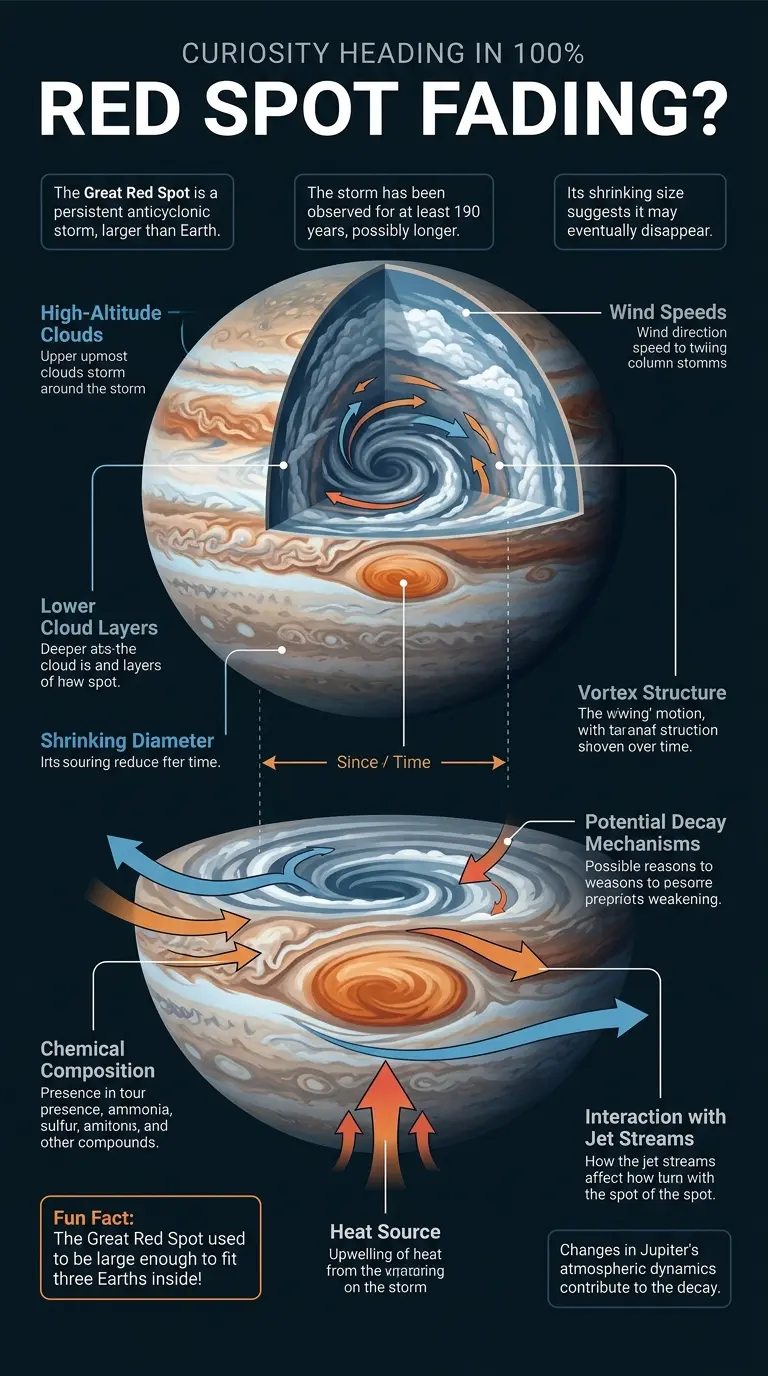 Infographic explaining the potential decay of Jupiter's Great Red Spot, detailing its structure, atmospheric dynamics, and historical observations. #Jupiter #GreatRedSpot #Astronomy #Space #Infographic
