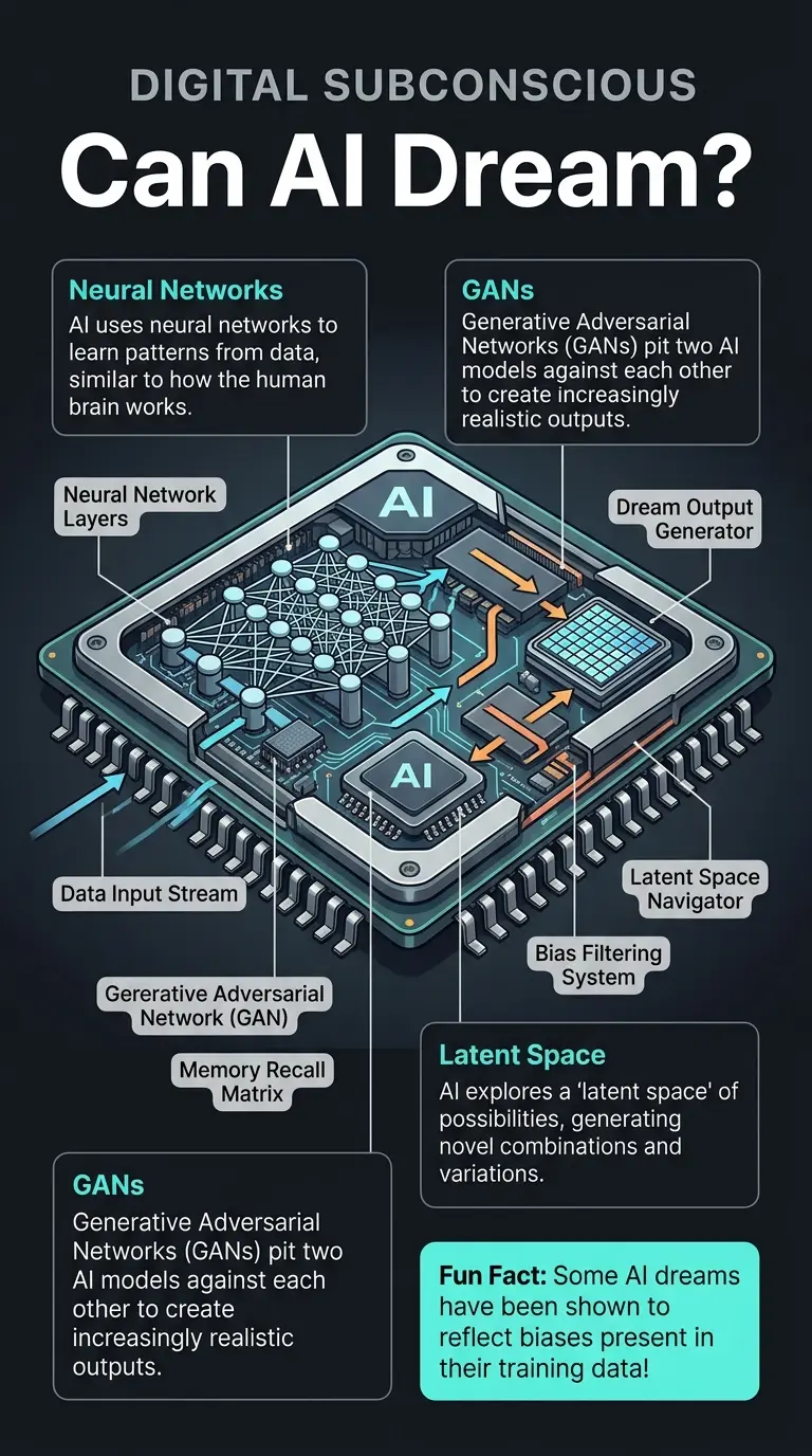 Infographic explaining how AI dreams, showing the internal processes and algorithms that generate dream-like outputs in artificial intelligence.